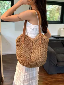 Sac Cabas Tissé en Paille Grande Capacité Vacances d'Été à la Plage Sac à Épaule Bohème Décontracté Sac à Main de Voyage pour Femme