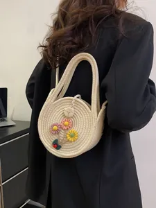 Petit sac à main rond en paille avec fleurs 3D colorées et breloque coccinelle pour femme