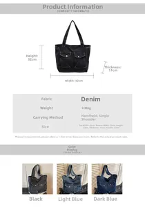 Tableau des tailles et options de couleurs pour grand sac fourre-tout en jean avec poches