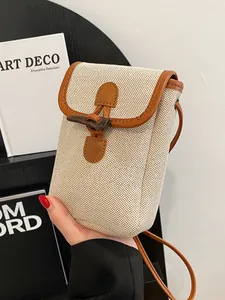 Retro Canvas Crossbody Bag For Women Contrast Color Vertical Square Phone Bag Simple Shoulder Bag With Toggle Closure