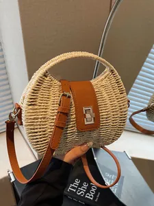 Bohemian Stroh Handtasche Für Damen Sommer Strand Urlaub Gewebte Schulter Umhängetasche Mit Lederklappe Und Metallschloss
