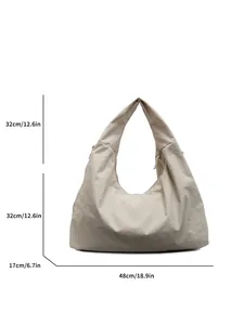 Minimalist beige moon-shaped tote bag with 48cm width and 32cm height dimension details