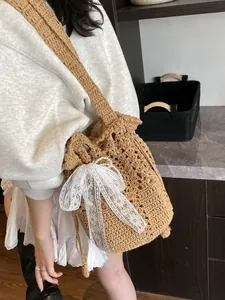 Borsa a Secchiello Intrecciata Traforata da Donna Con Fiocco in Pizzo e Künstliche Perle Borsa a Tracolla in Cotone Lino all'Uncinetto per Vacanze Mare