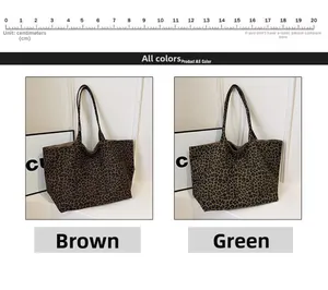 Detailed comparison of brown and green leopard print canvas tote bags with size scales