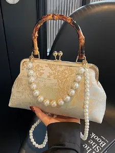 Vintage Jacquard Handtasche Mit Bambusgriff Und Künstliche Perlenkette Chinesischer Stil Landschaft Stickerei Umhängetasche Damen Mode Handtasche
