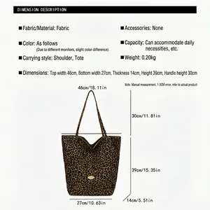 Large leopard print canvas tote bag with detailed product dimensions for daily styling