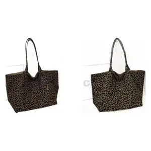 Stylish leopard print canvas tote bag for women with large capacity and retro shoulder design