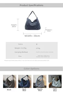 Detailed size specifications for a large denim tote bag shown in four colors