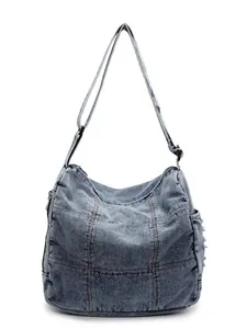 Vintage blue washed denim patchwork crossbody bag with large capacity and adjustable strap