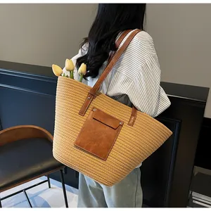 Sac fourre-tout en coton tressé avec anses en cuir marron et poche frontale pratique