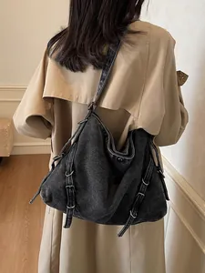 Vintage large denim tote bag in dark grey with silver rings for women casual shoulder use