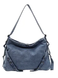 Retro washed denim large capacity shoulder bag for women with adjustable buckles