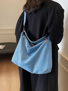 Large Capacity Vintage Denim Hobo Shoulder Bag For Women Washed Denim Tote Bag With Contrast Stitching Casual Crossbody Bag