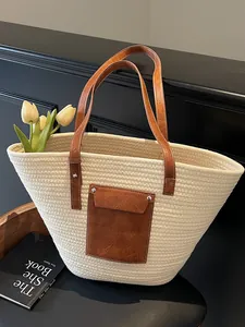 Sac cabas en corde de coton avec poche en cuir marron pour la plage et l'été