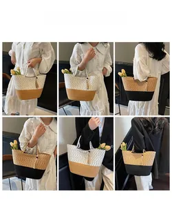 Detail shots of woven cotton tote bag with wooden bead tassels and contrast stitching style