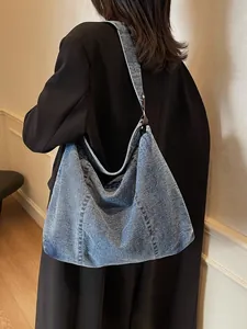 Vintage blue washed denim hobo bag for women with large capacity shoulder strap