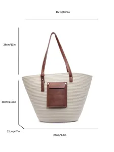 Sac fourre-tout en corde de coton beige avec poche en cuir brun et bandoulières