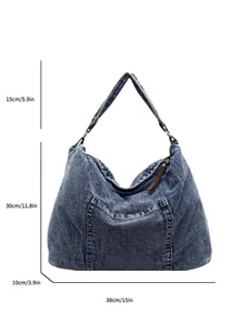 Blue denim tote bag with leather straps, large capacity shoulder bag, 38x30x10cm size