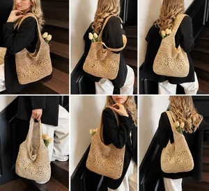 Detailed views of beige crochet hollow flower woven bag with fabric lining for beach vacation