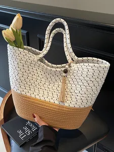 Women's Woven Cotton Rope Tote Bag Contrast Color Stitching Handbag With Tassel Wooden Beads Vacation Beach Shoulder Bag