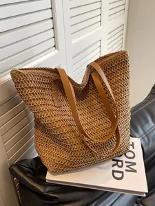 Grand Sac Cabas en Paille Tissée pour Femmes Sac à Épaule de Plage Été Avec Fermeture Éclair et Bandoulières en Cuir