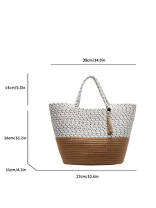 Handwoven cotton rope beach tote with two-tone texture and dimensions for summer travel