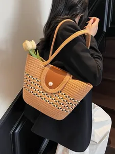 Woven striped shoulder bag with pearl button and leather flap for summer beach vacation