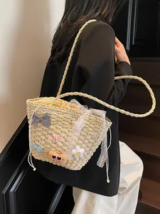 Sac à Main en Paille Tissée Pastorale pour Femmes Été Plage Vacances Dentelle Nœud Décor Fourre-tout Sac à Bandoulière Avec Doublure Cordon