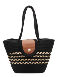 Striped woven tote bag with brown leather flap and pearl closure for summer beach vacations