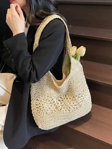Chic beige hand-woven hollow-out tote bag for summer beach holidays and casual style