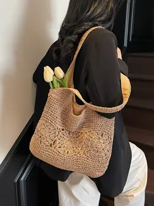 French style crochet woven hollow flower beach handbag for seaside vacation style