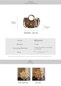 Detailed size chart of a woven straw handbag with hollow lace bow and dimensions