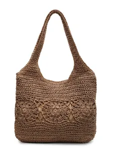 Bohemian style brown hollow woven beach handbag with elegant floral crochet pattern