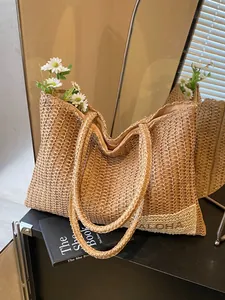Grande borsa tote in paglia con etichetta ALOHA e margherita, perfetta per la spiaggia