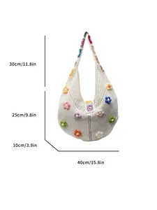 Borsa tote in maglia bianca con fiori 3D colorati e dimensioni dettagliate indicate