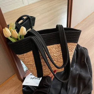 Minimalist straw tote bag with black stitching, stylish large capacity woven handbag