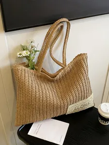 Borsa tote da spiaggia in paglia intrecciata con toppa Aloha e grande capacità per l'estate