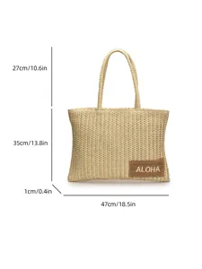 Grande borsa tote in paglia intrecciata beige con patch ALOHA e misure 47x35cm