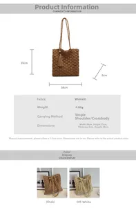 Detail showing handwoven texture with tassels and dimensions of the hollow straw tote bag