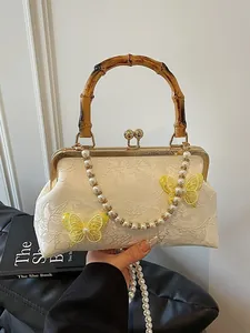 Women's Vintage New Chinese Style Bamboo Handle Handbag Jacquard Butterfly Kiss-lock Bag With Artificial Pearl Chain Crossbody Shoulder Bag