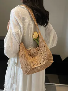 Dames Gehaakte Stro Schoudertas Handgeweven Opengewerkte Bloem Strand Vakantie Hobo Tas Casual Grote Capaciteit Tote Tas