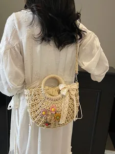 Pastel straw handbag with colorful 3D flowers and white lace ribbon for beach vacation