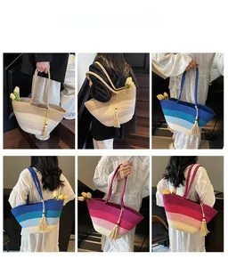 Détails de grands sacs fourre-tout tissés aux dégradés colorés pour les vacances à la plage