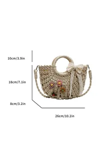 Pastoral straw woven bag with colorful 3D flowers and lace bow for beach vacation