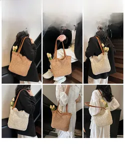 Detail shots of handwoven crochet tote bag in brown and cream with faux leather straps