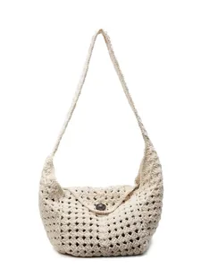 Handmade hollow crochet shoulder bag in ivory cotton with single button closure
