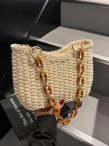 Women's Woven Straw Shoulder Bag Summer Beach Vacation Handbag With Amber Resin Chain Strap Casual Daily Underarm Tote