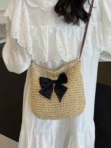 Damen Strohgeflecht Schultertasche Süße Schleife Sonnenblume Dekoration Sommer Strand Urlaub Umhängetasche Lässig Handgefertigte Webhandtasche