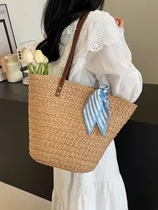 Women Straw Woven Tote Bag Large Capacity Beach Vacation Shoulder Bag With Striped Scarf And PU Leather Handle Casual