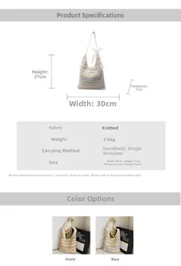 Detailed size chart and dimensions for striped crochet tote bag with lace bow